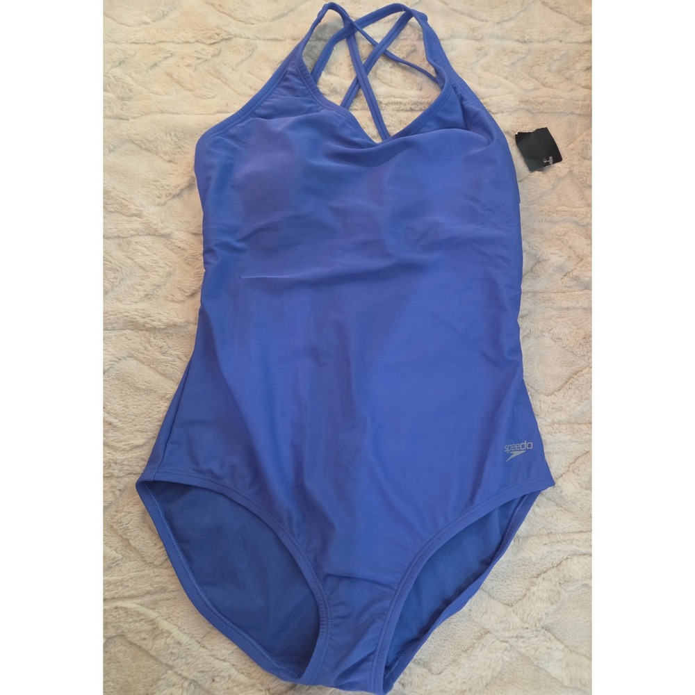 Speedo Womens One Piece Swimsuit Blue Criss Cross Back Padded Swimwear Size L